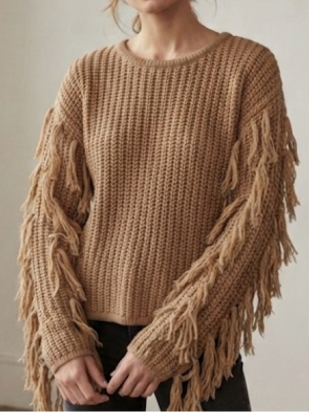 HAYDEN Fringe Sleeve Ribbed Sweater Brown Size S/M